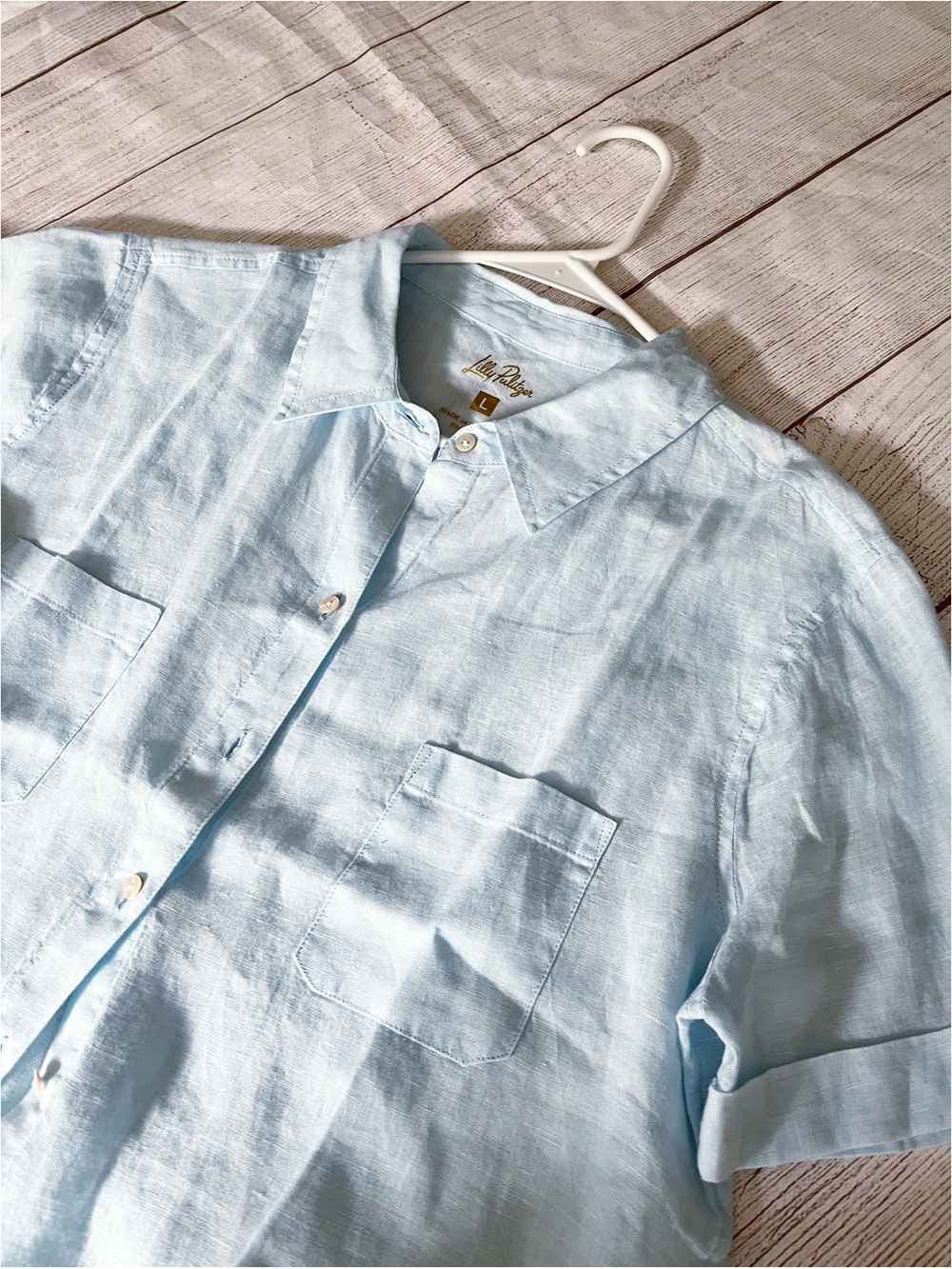 Lilly Pulitzer linen light blue button-down shirt, size L - Picture 7 of 9